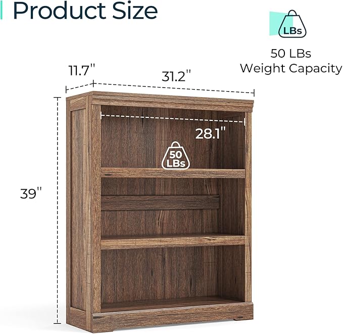 LINSY HOME 3-Tier Bookshelf Display Storage Shelves Farmhouse Bookshelf - Image 3