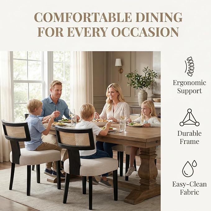 HNY Mid Century Modern Rattan Dining Chairs Set of 6, Farmhouse Linen - Image 3