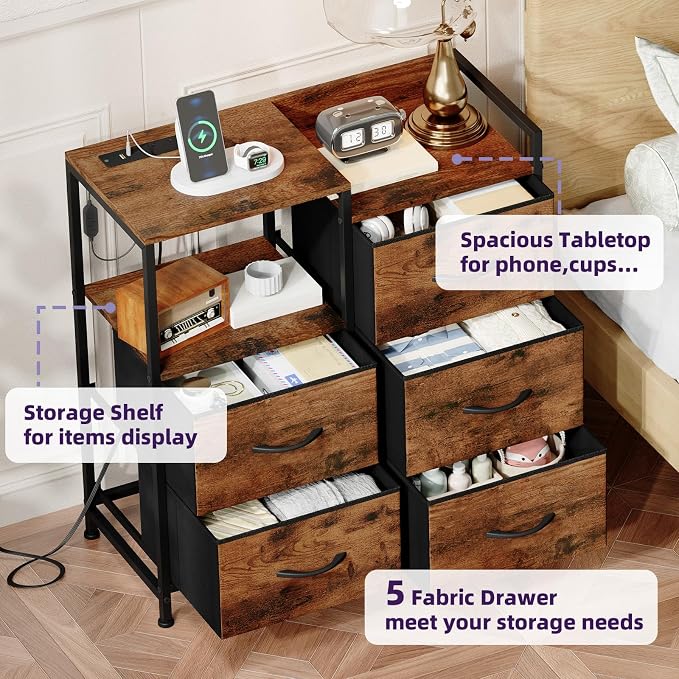 Somdot Nightstand with Charging Station and LED Light, Wide 5 Drawers Dresser - Image 6