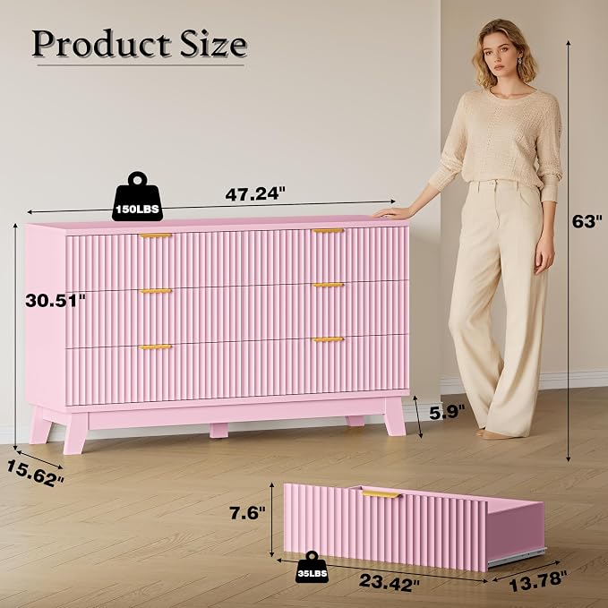 BORNOON Fluted 6 Drawer Dresser, 47.2" Wide Modern Boho Chest of Drawers - Image 2