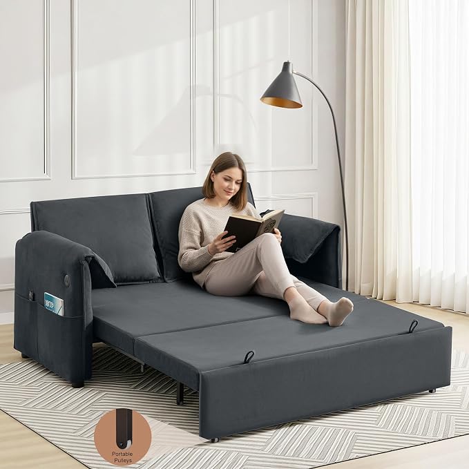 63" Velvet Convertible Sleeper Loveseat Sofa Bed, Pull Out Couch Bed - Image 4