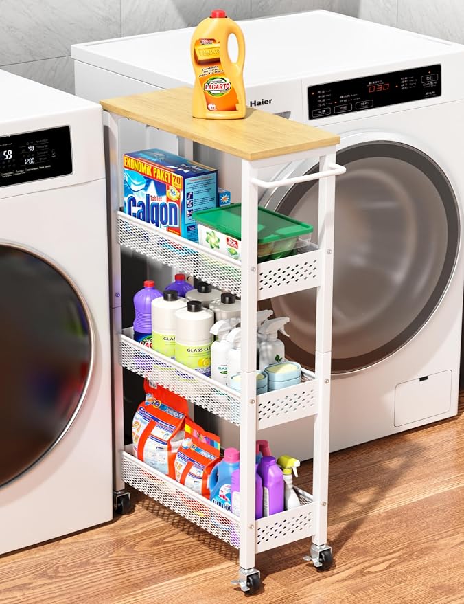 OKZEST Utility Slim Storage Cart, 4 Tier Small Rolling Kitchen Laundry Room Cart by OKZEST