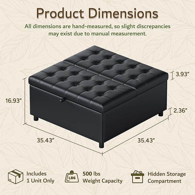 LINLUX Extra Large Leather Storage Ottoman, 35.5 Inch Large Square Lift Top - Image 2