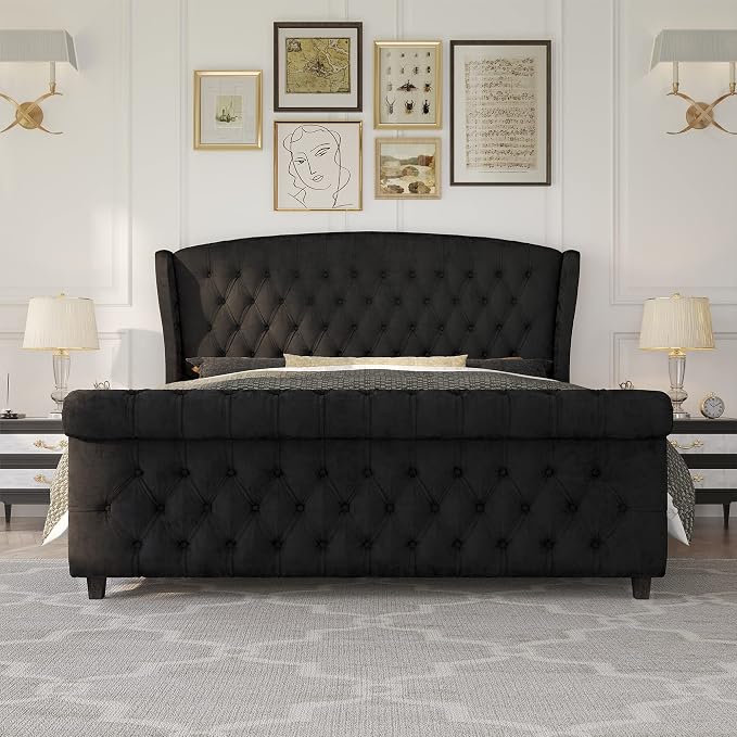 AMERLIFE Queen Size Platform Bed Frame, Velvet Upholstered Sleigh Bed - Image 3