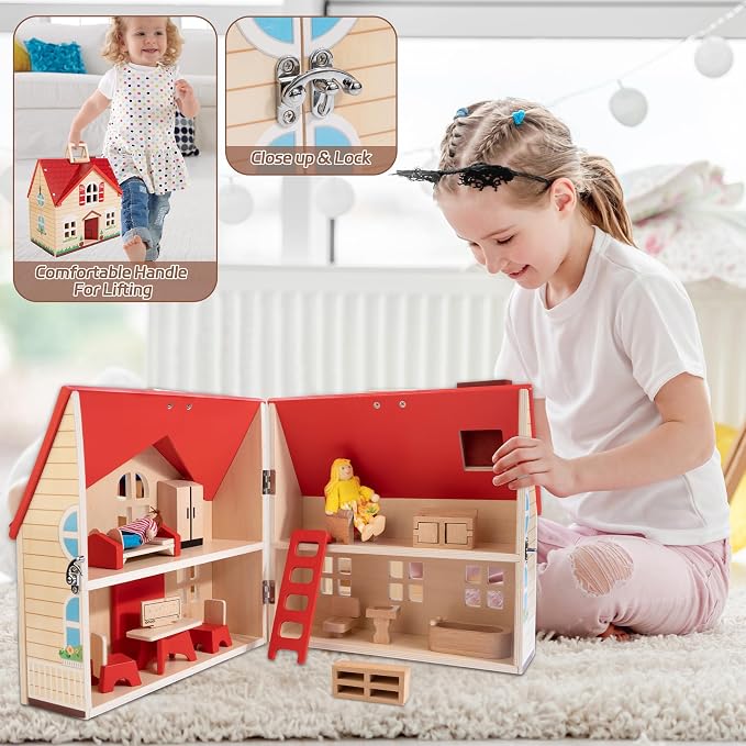 Foldable Wooden Dollhouse with 13PCS Furniture, 4 Rooms and 2 Flexible Dolls - Image 2