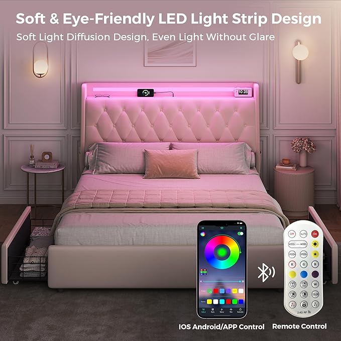 Full LED Velvet Bed Frame with 2 Storage Drawers&Hidden Headboard, Upholstered - Image 7