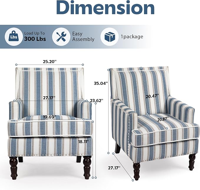 Blue Striped Accent Chair for Living Room Bedroom - Image 2