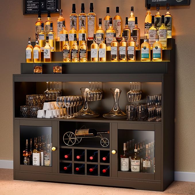 Loomie Wine Bar Cabinet with LED Lighted Liquor Bottle Display Shelf, Liquor by LOOMIEDirect