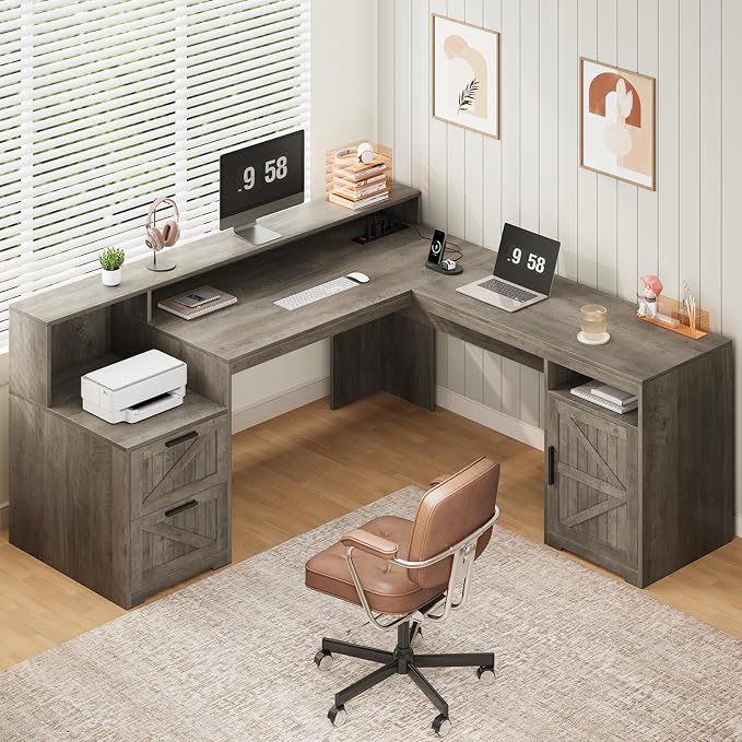 YOMILUVE 63" Farmhouse L Shaped Executive Desk by YomiluveDesign