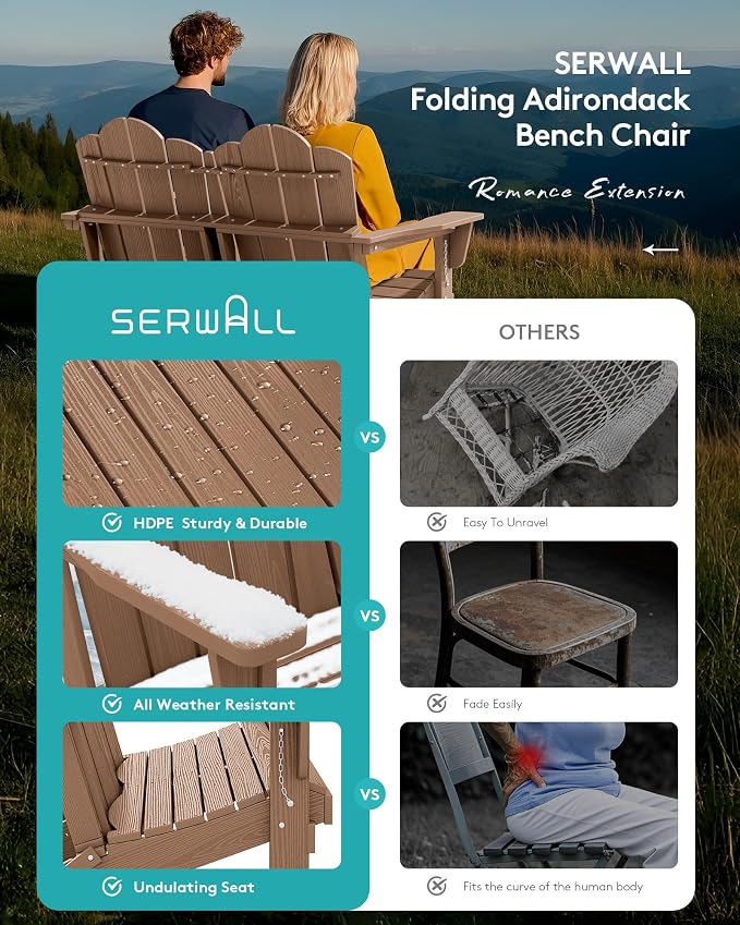 SERWALL 3 Pieces Patio Adirondack Bench Set, 2 Folding Adirondack Bench & 1 - Image 7