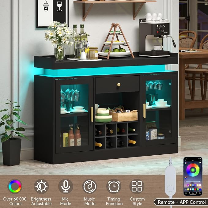 Wine Bar Cabinet with LED Light, Home Coffee Bar Cabinet with Wine and Glass - Image 6