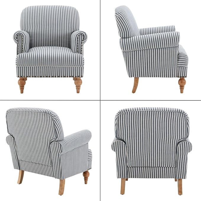 Blue Striped Linen Fabric Accent Chair, Coastal Upholstered Armchair - Image 9