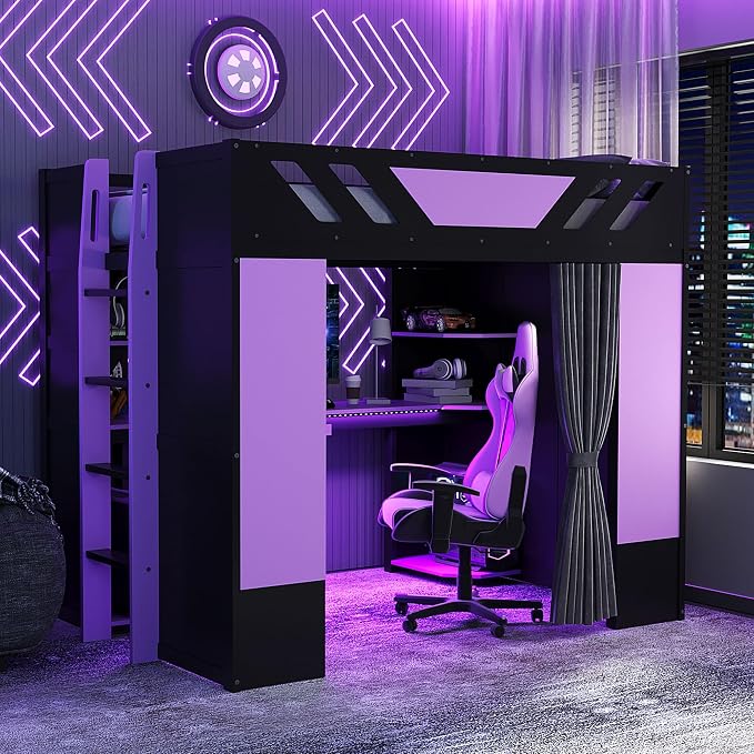 Full Size Wood Loft Bed with Built-in Workstation, Smart Storage, RGB Lighting by Bekeknlny