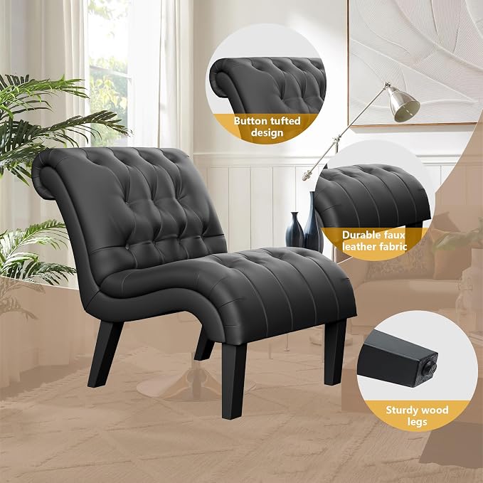 Black Faux Leather Accent Chair Modern Button Tufted Upholstered Armless Chair - Image 7