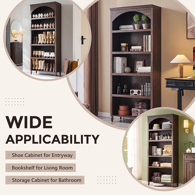 IFGET 76" Tall Arched Bookcase, Farmhouse 5 Tiers Large Arched Bookshelf Cabinet - Image 4
