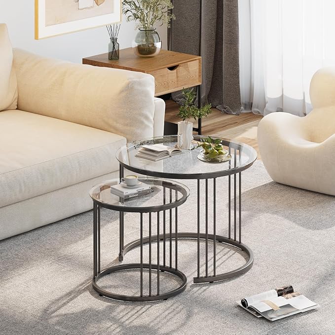Garden 4 you Nesting Coffee Table, 23.6" Round Coffee Table Set of 2, Glass - Image 3