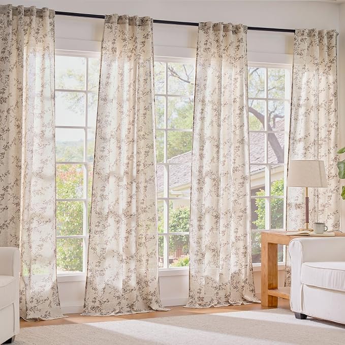 Lazzzy Taupe Floral Linen Curtains 84 Inch Farmhouse Back Tab Drapes - Image 7