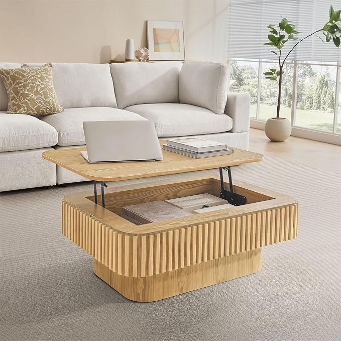 Lift Top Coffee Table for Living Room, Rectangle Handmade Solid Wood Strips - Image 8