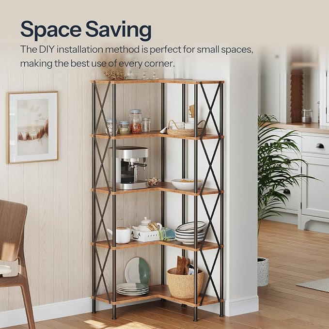 HOOBRO Corner Bookshelf, 5-Tier L-Shaped Bookcase, Industrial Open Display - Image 3