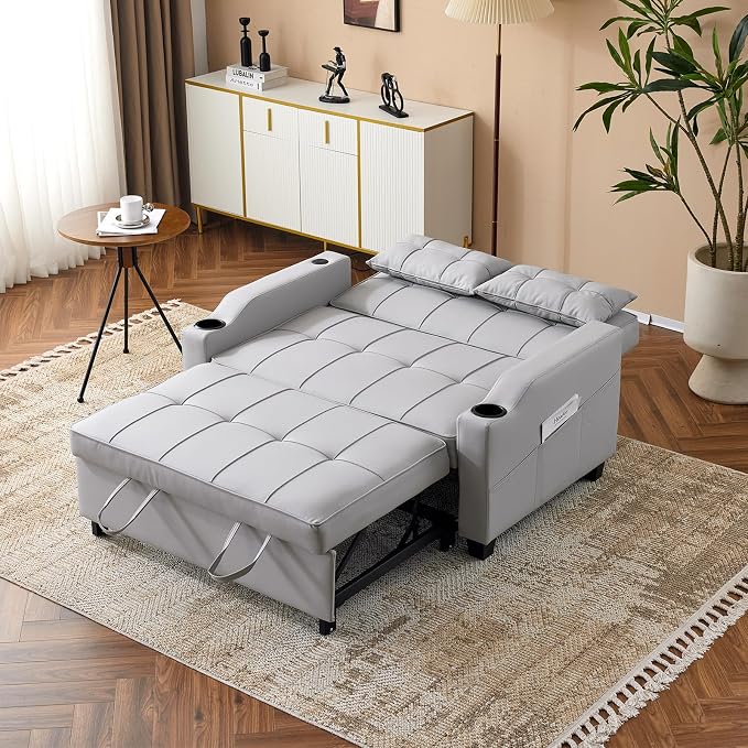 VINGLI Convertible Loveseat Sleeper Sofa, Light Grey Faux Leather Futon Sofa - Image 9