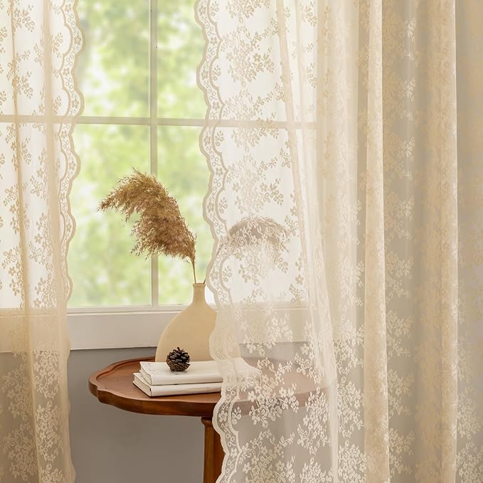 YJ YANJUN Vintage Lace Curtains 72 Inches Long-Victorian Flower Beige Voile by YJYANJUN
