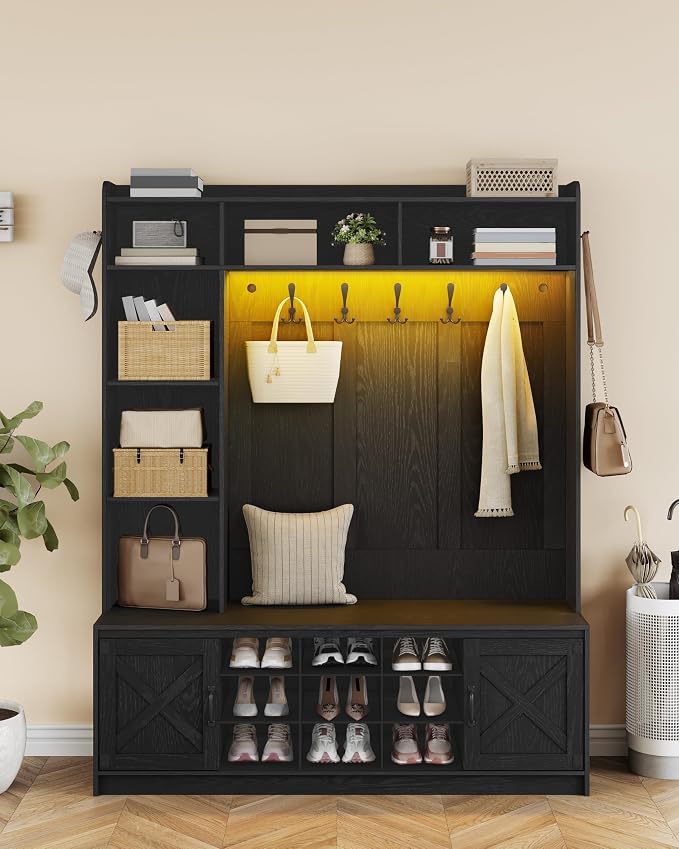 Hzuaneri 59.8" Hall Tree, LED Farmhouse Entryway Storage and Coat Rack Wood - Image 9