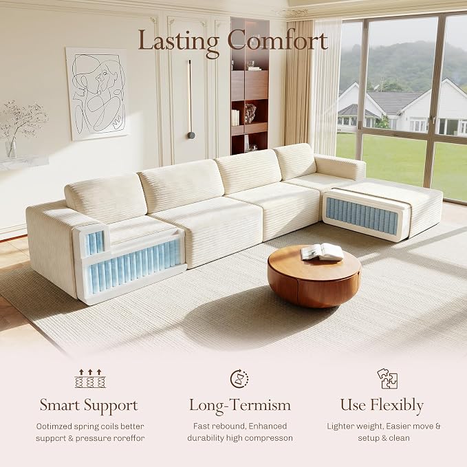 Vesgantti 159" Large Modular Sectional Sofa, L-Shaped Corduroy Cloud Couch - Image 4