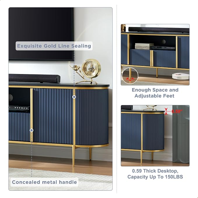 OKD 70" Fluted TV Stand with Storage, Faux Marble Top Entertainment Center - Image 4