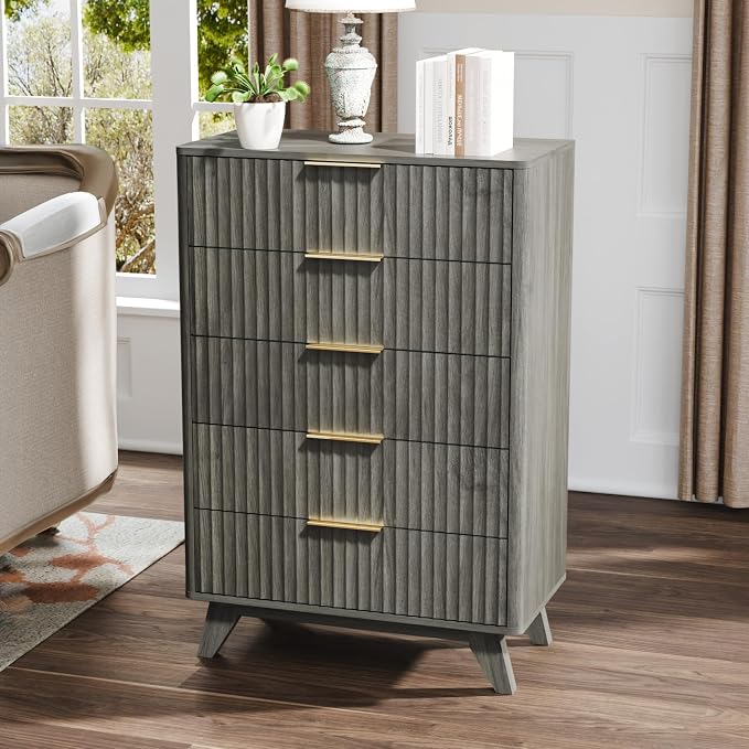 VINGLI Fluted Tall Dresser 5 Drawer Grey Chest of Drawers, Wood Dresser - Image 6