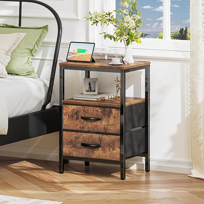 Huuger Nightstand with Charging Station, Fabric Drawers, End Table with Open - Image 2