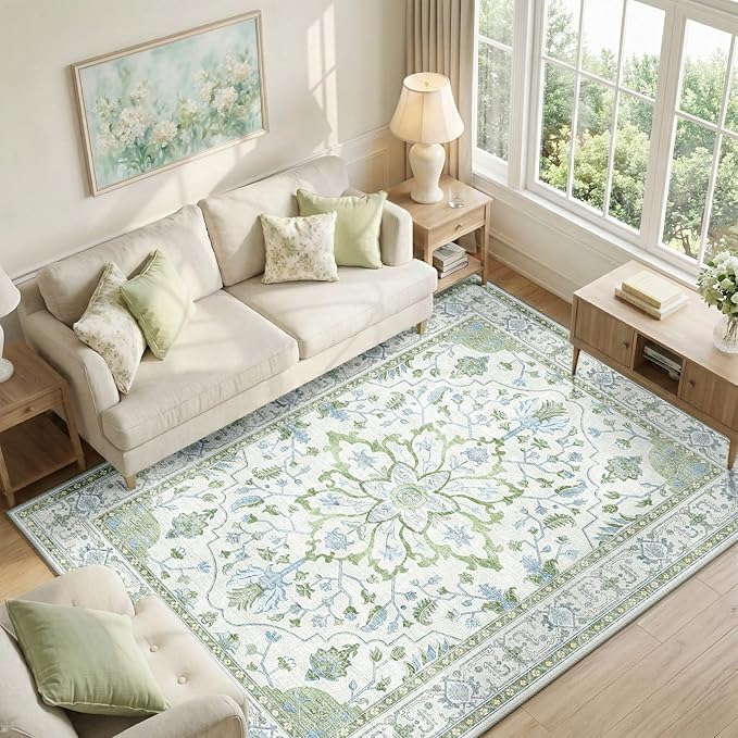 RELEANY Area Rugs 6'x8' Washable Non-Slip, Floral Vintage Distress Print by RELEANY