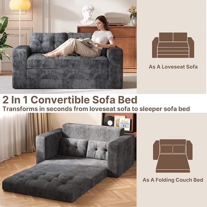Gizoon Boneless Convertible Floor Sofa Bed, Corduroy 2 Seater Lounge Sleeper - Image 6
