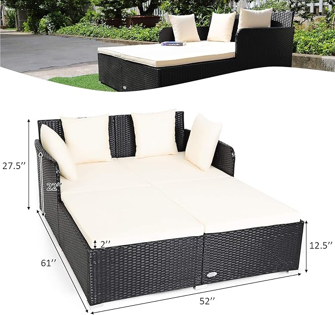 COSTWAY Outdoor Patio Rattan Daybed, Sponge Cushioned Loveseat Sofa - Image 3