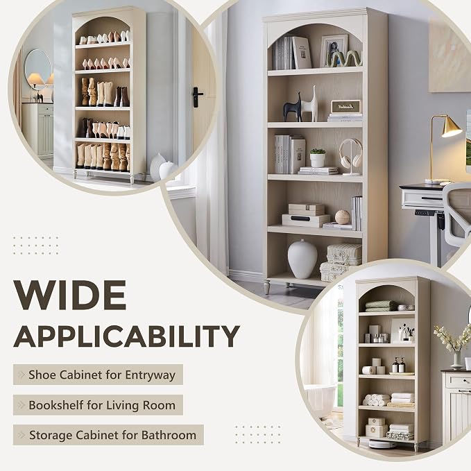 IFGET 76" Tall Arched Bookcase, Farmhouse 5 Tiers Large Arched Bookshelf Cabinet - Image 4