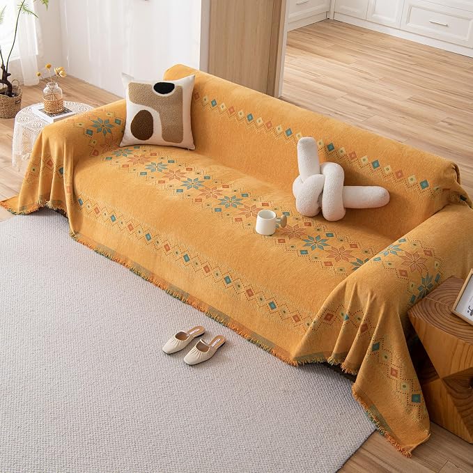 DREAMINGO Orange Boho Sofa Cover Chenille Couch Cover Blanket Vintage Bohemian - Image 7