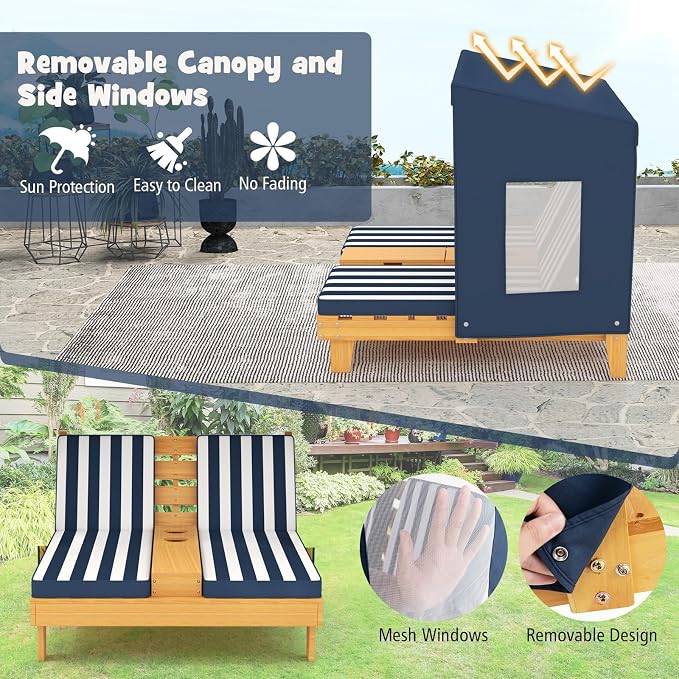HONEY JOY Kids Chaise Lounge Chair Outdoor, Toddler Wood Double Pool Lounger - Image 6