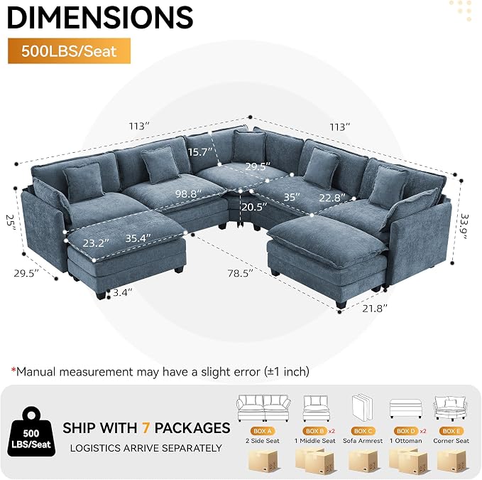 113'' V Shaped Cloud Sectional Sofa, Oversized Deep Seat Couches - Image 2