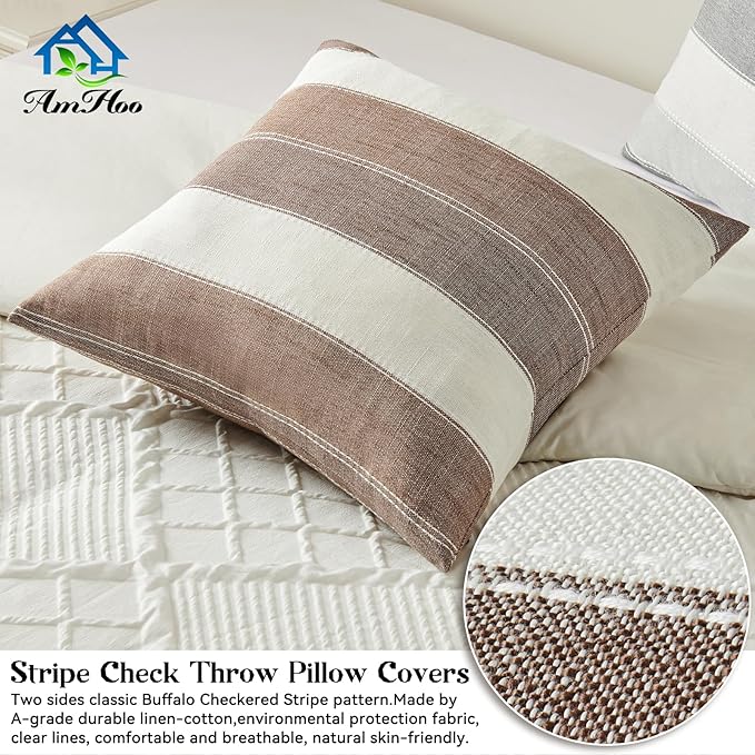 AmHoo Pack of 2 Farmhouse Stripe Check Throw Pillow Covers Set Case Cotton - Image 3