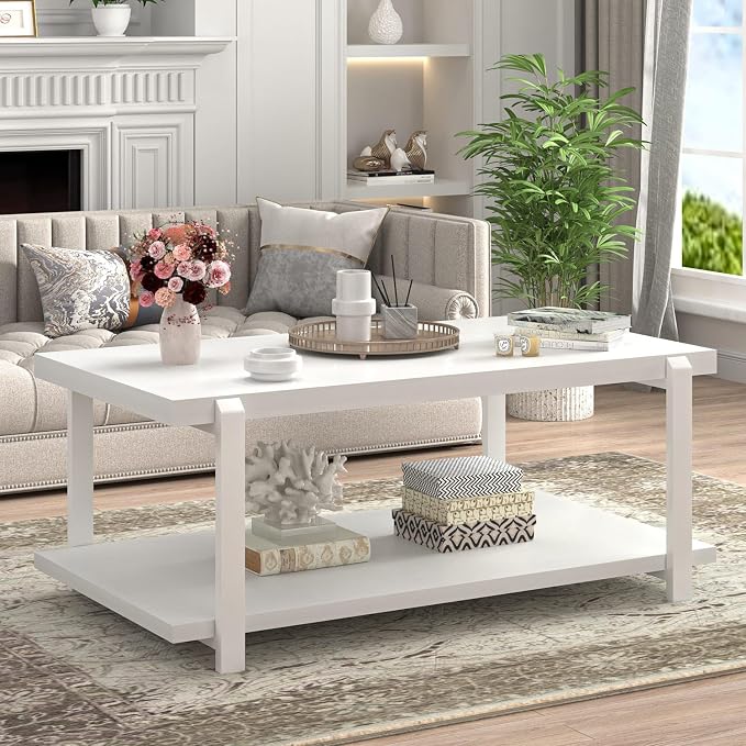 FOLUBAN White Coffee Table, Modern Rustic Wood and Metal Center Table - Image 3