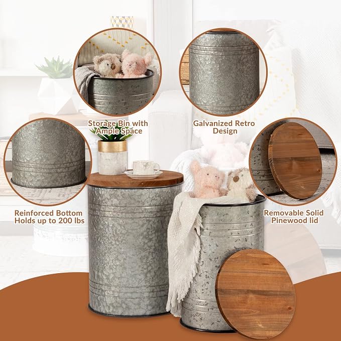 Poofzy Farmhouse End Tables Set of 2, Galvanized Metal Decor Side Table - Image 4