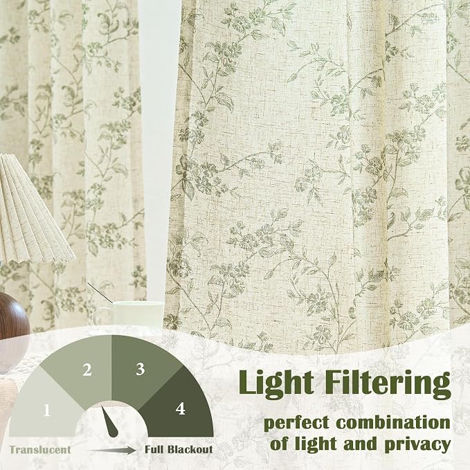 Lazzzy Green Floral Linen Curtains 90 Inch Farmhouse Back Tab Drapes - Image 3