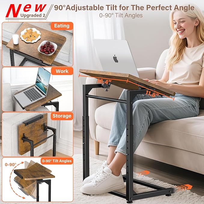 Tv Tray Table Set of 2, 8-Level Adjustable Height Couch Side Table，90° Tilt - Image 4
