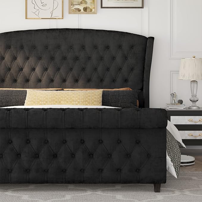 AMERLIFE King Size Platform Bed Frame, Velvet Upholstered Sleigh Bed - Image 3