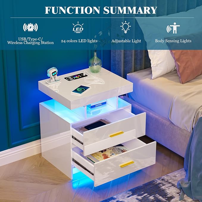WOOVIVS Night Stand Set 2 with USB/Type-C/Wireless Charging Station, Modern - Image 8