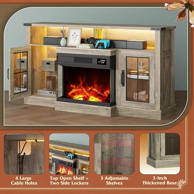 WLIVE 3-Sided Glass Electric Fireplace TV Stand - Image 8