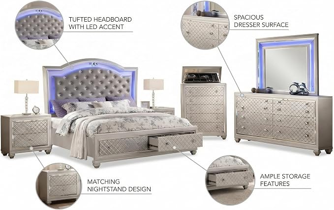 First of a Kind Shiney Contemporary 5 Piece King Bedroom Set High Gloss Silver - Image 3