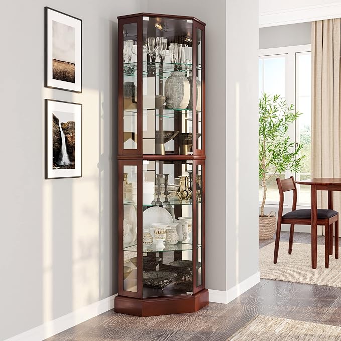BELLEZE Lighted Corner Display Curio Cabinet, Bar and Liquor Storage Area by BELLEZE