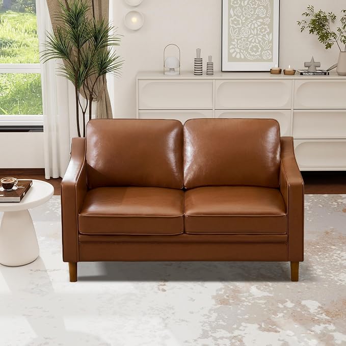 Kingfun 56" Faux Leather Sofa, Loveseat Couch, Mid Century Modern Love Seat - Image 3