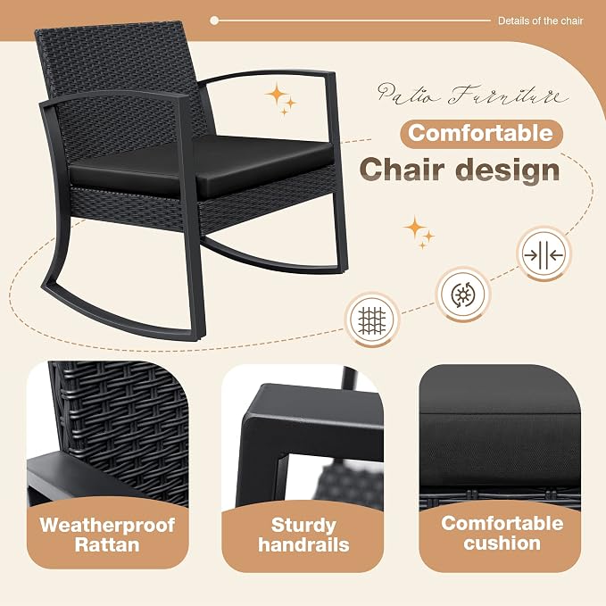 Greesum 3 Pieces Outdoor Furniture Set Patio Bistro Rocking Chairs - Image 6