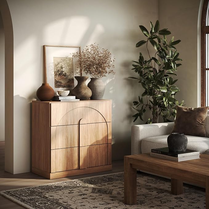 BELLEZE Sideboard Cabinet with 3 Drawers, Modern Wood Buffet Cabinet with Arc - Image 5